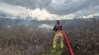 DÜZCE’DE ÇALILIK ALANDA ÇIKAN YANGIN RÜZGARIN ETKİSİ İLE YÜKSELMEYE BAŞLAYINCA,