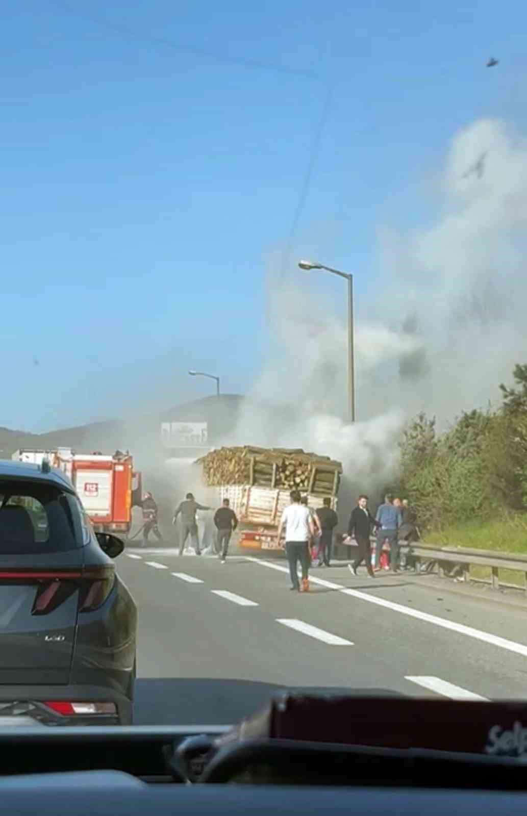 TEM’de ağaç yüklü tır alevlere teslim oldu