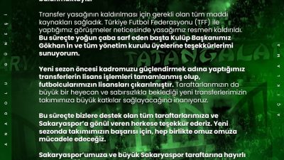 TRANSFER YASAĞINDA OLAN SAKARYASPOR, GEREKLİ MADDİ KAYNAĞIN SAĞLANARAK YASAĞIN KALDIRILDIĞINI