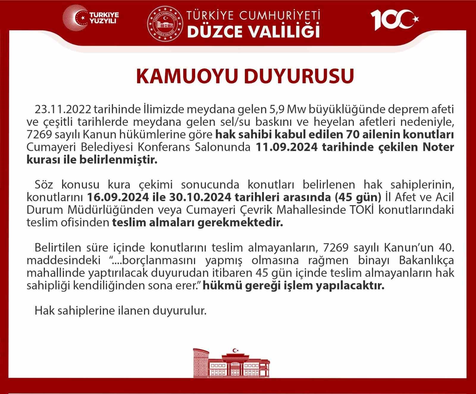 Düzce Valiliğinden “konutunuzu teslim alın” duyurusu