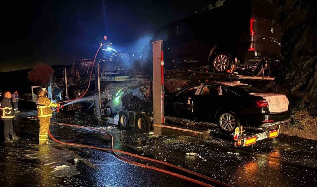 Bilecik’te 8 adet sıfır araç cayır cayır yandı Bilecik’te seyir halinde bir anda motor bölümden alevler yükselen tırın