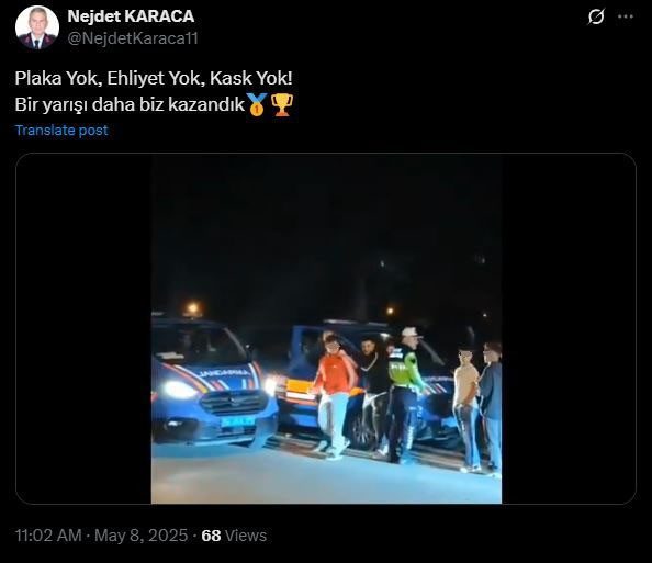 İl Jandarma Komutanı böyle paylaştı: “Plaka yok, kask yok, ehliyet yok. Bir yarışı daha biz kazandık” Sakarya’nın Akyazı ilçesinde bir grup gencin yasa dışı motosiklet yarışı