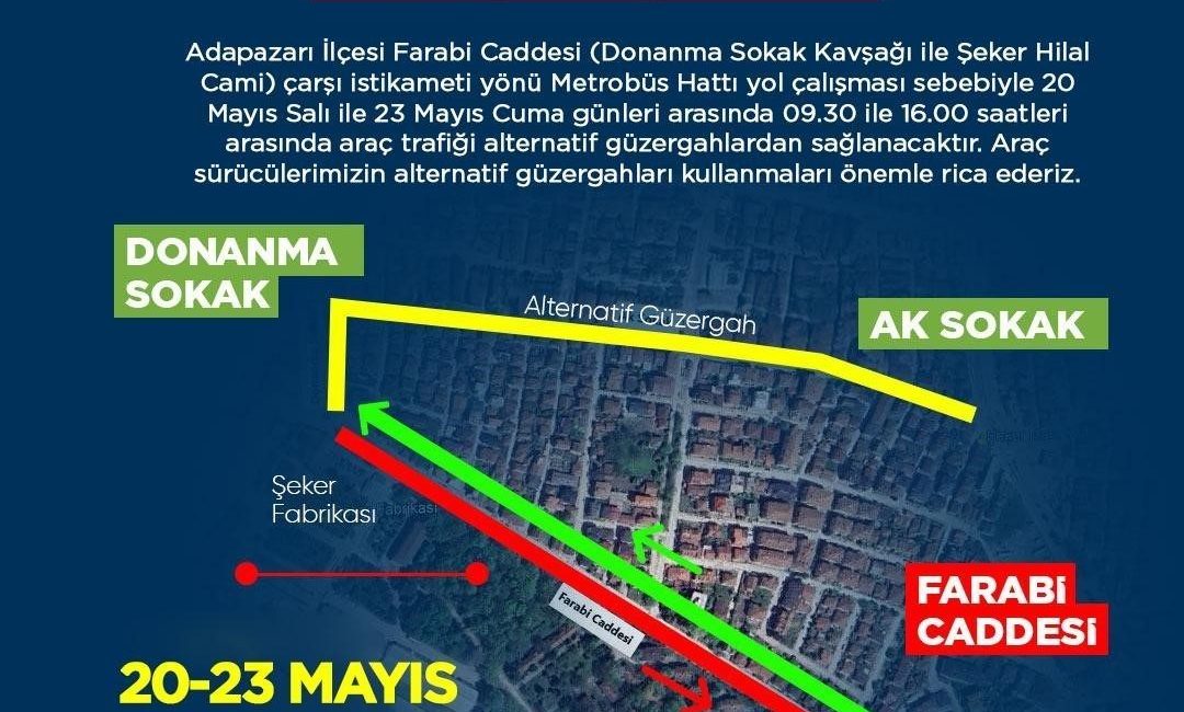 Sakarya Büyükşehir sürücüleri uyardı: O güzergahta trafik alternatif güzergahlardan sağlanacak Metrobüs hattı çalışmaları sebebi ile Sakarya Büyükşehir Belediyesi tarafından araç