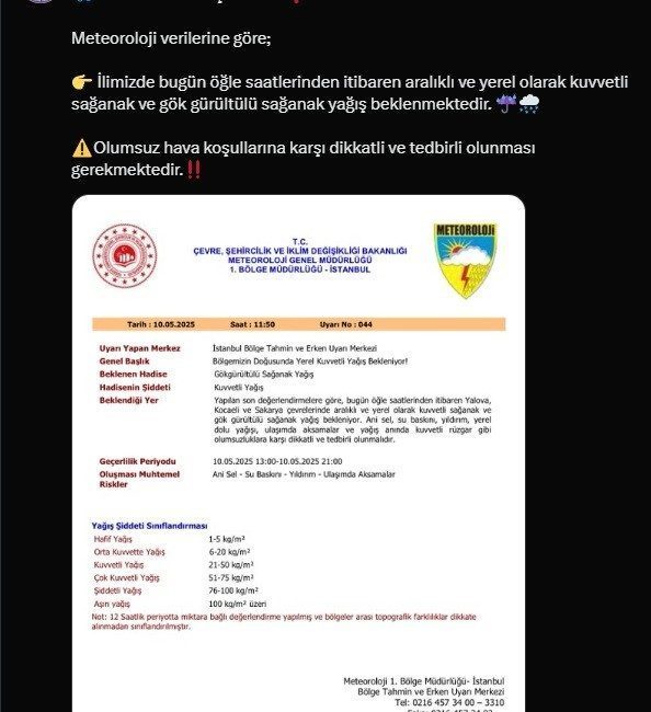Sakarya’da kuvvetli yağış uyarısı Sakarya Valiliği, meteorolojik verilere göre şehir genelinde bugün öğle saatlerinden