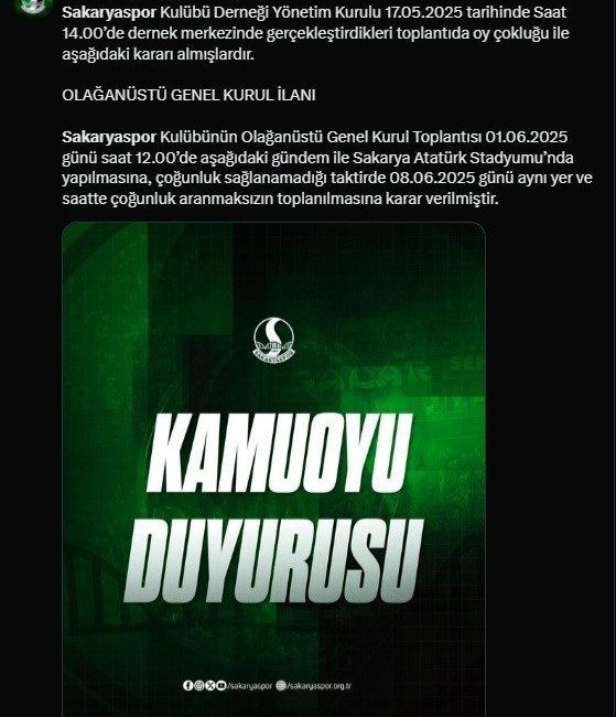 Sakaryaspor’da Olağanüstü Genel Kurul kararı Sakaryaspor Kulübü Derneği Yönetim Kurulu, gerçekleştirdikleri toplantıda Olağanüstü Genel Kurur