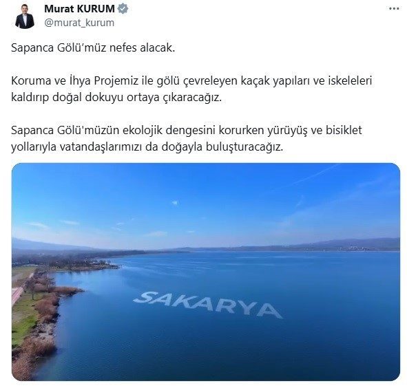 Bakan Kurum’dan Sapanca Gölü paylaşımı: “Sapanca Gölü’müz nefes alacak” Çevre, Şehircilik ve İklim Değişikliği Bakanı Murat Kurum, Sakarya Büyükşehir