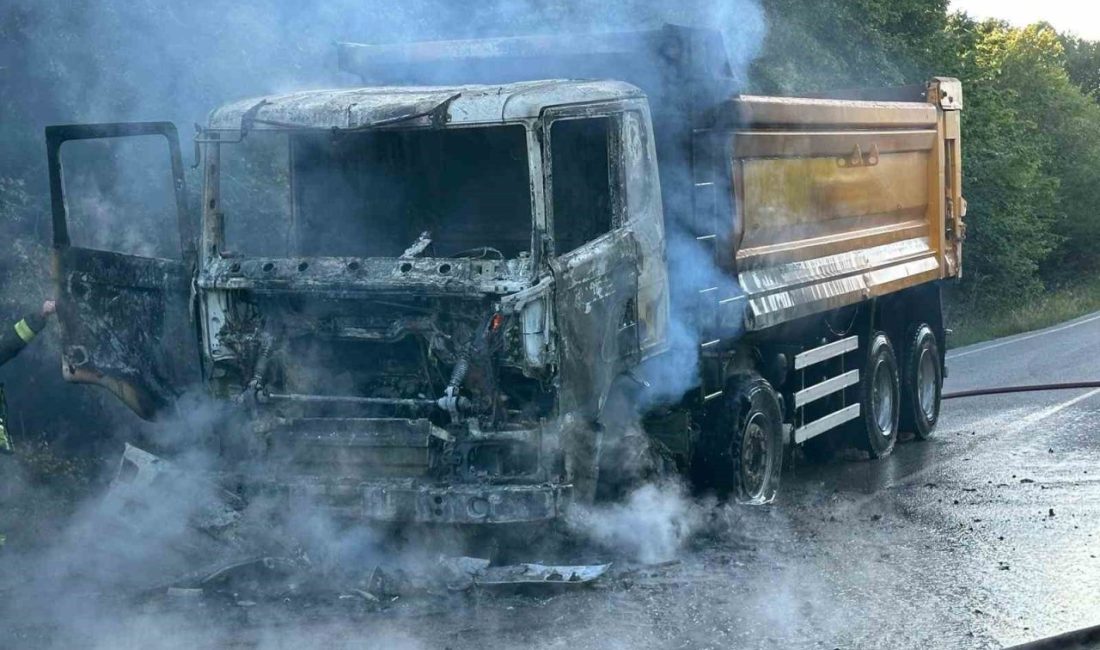 Hafriyat kamyonu alevlere teslim oldu Kocaeli’nin Körfez ilçesinde alev alev yanan hafriyat kamyonu kullanılamaz hale