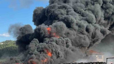 Bilecik’te bir soğuk hava deposu önündeki plastik kasalar tutuştu, gökyüzünü