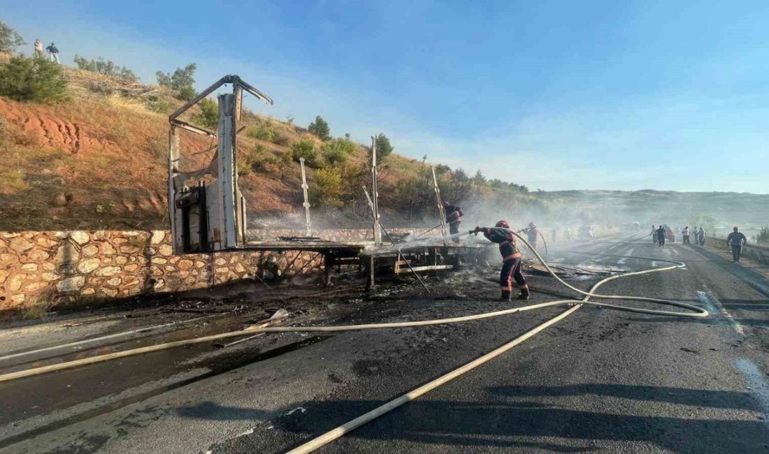 Sunta yüklü dorse alev alev yandı Bilecik’in Osmaneli ilçesinde sunta yüklü tırın dorsesi alev alev yandı.