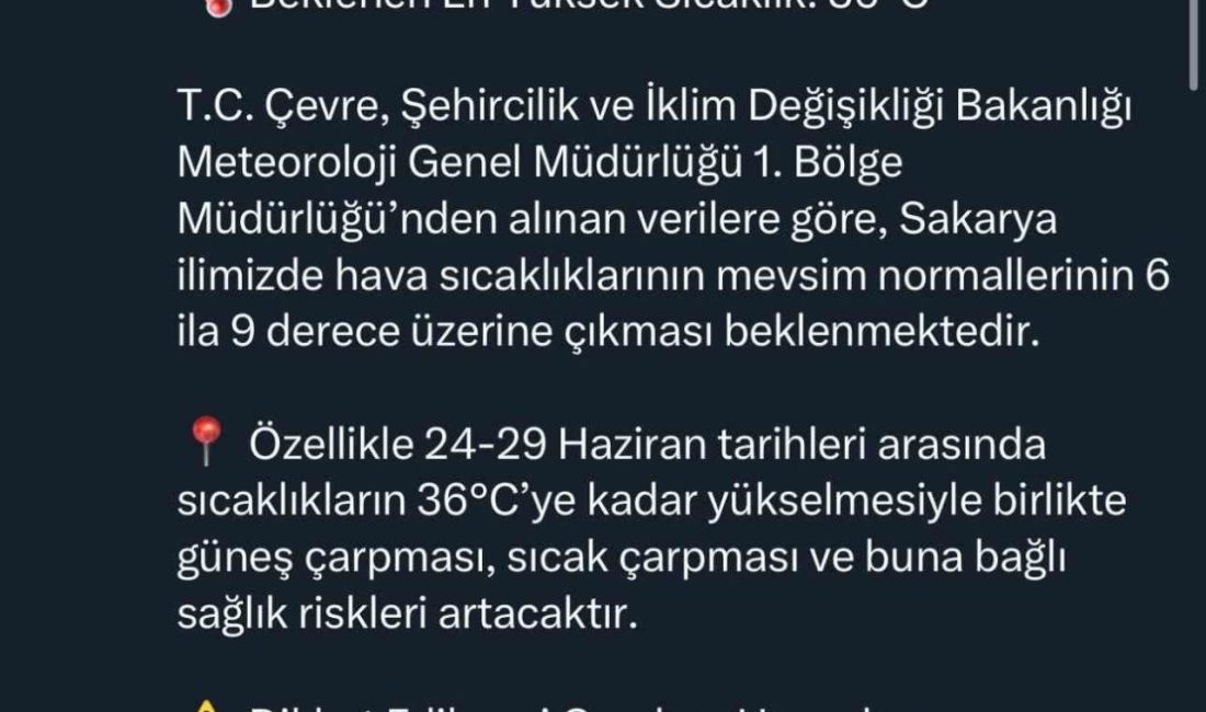 Valilik uyardı: Sakarya’da o saatlerde dışarı çıkmayın Meteoroloji Genel Müdürlüğü’nün verilerine göre Sakarya’da hava sıcaklıklarının önümüzdeki günlerde