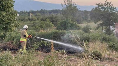 Düzce’de yol kenarına atılan izmarit sebebiyle otlar tutuştu. İtfaiye ekiplerinin