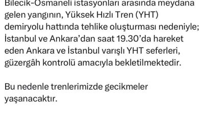 Bilecik’in Osmaneli ilçesinde devam orman yangını, İstanbul-Ankara hızlı tren seferlerini