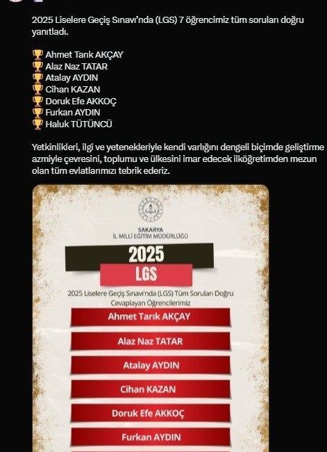 15 Haziran tarihinde yapılan Liselere Geçiş Sistemi (LGS) sınavında Sakarya’dan
