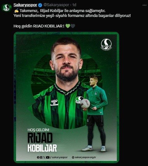 Sakaryaspor Rijad Kobiljar’u kadrosuna kattı Sakaryaspor, 29 yaşındaki Bosna Hersekli orta saha oyuncusu Rijad Kobiljar’u