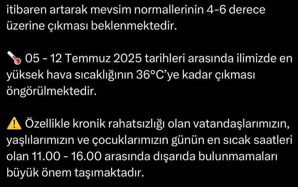 Valilik hava sıcaklıları hususunda uyardı: Sıcaklık yarından itibaren 4-6 derece artacak Sakarya Valiliği, meteoroloji verilerine göre hava sıcaklıklarının mevsim normallerinin üzerine