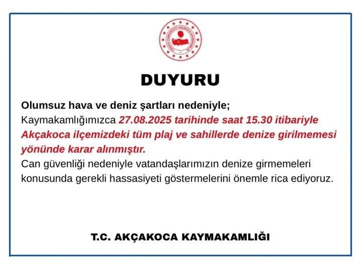 Akçakoca’da denize girmek yasaklandı DÜZCE (İHA) – Düzce’nin Akçakoca ilçesinde denize girilmemesi kararı alındı.
