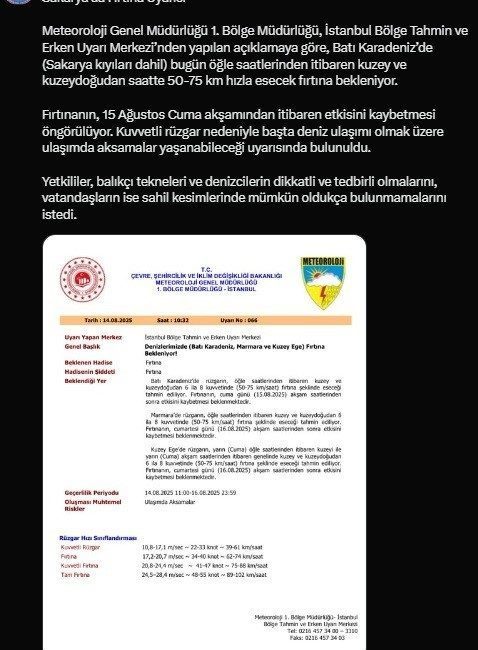 Sakarya Valiliği, Karadeniz kıyılarında bugün öğle saatlerinden itibaren etkili olması