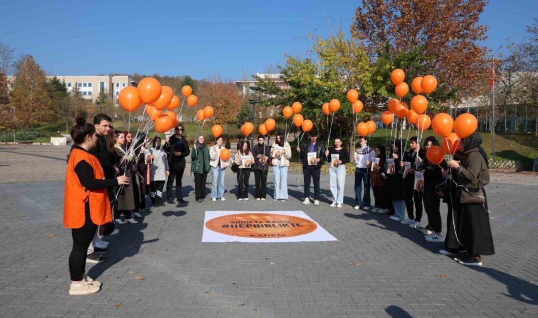 Turuncu balonlar gökyüzüne bırakıldı Düzce Üniversitesi Genç KADEM Topluluğu öğrencileri, 25 Kasım Kadına Yönelik