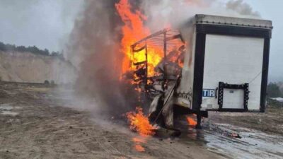 Bolu’da kağıt yüklü tırın dorsesi park halindeyken alev alev yandı.