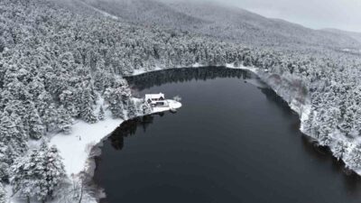 Bolu’nun doğa harikası Gölcük Tabiat Parkı, kar yağışının ardından beyaz