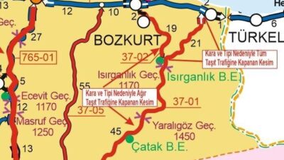 Kastamonu’da etkili olan kar yağışı sebebiyle Devrekani-Çatalzeytin karayolunun Isırganlık-Çatalzeytin arasındaki
