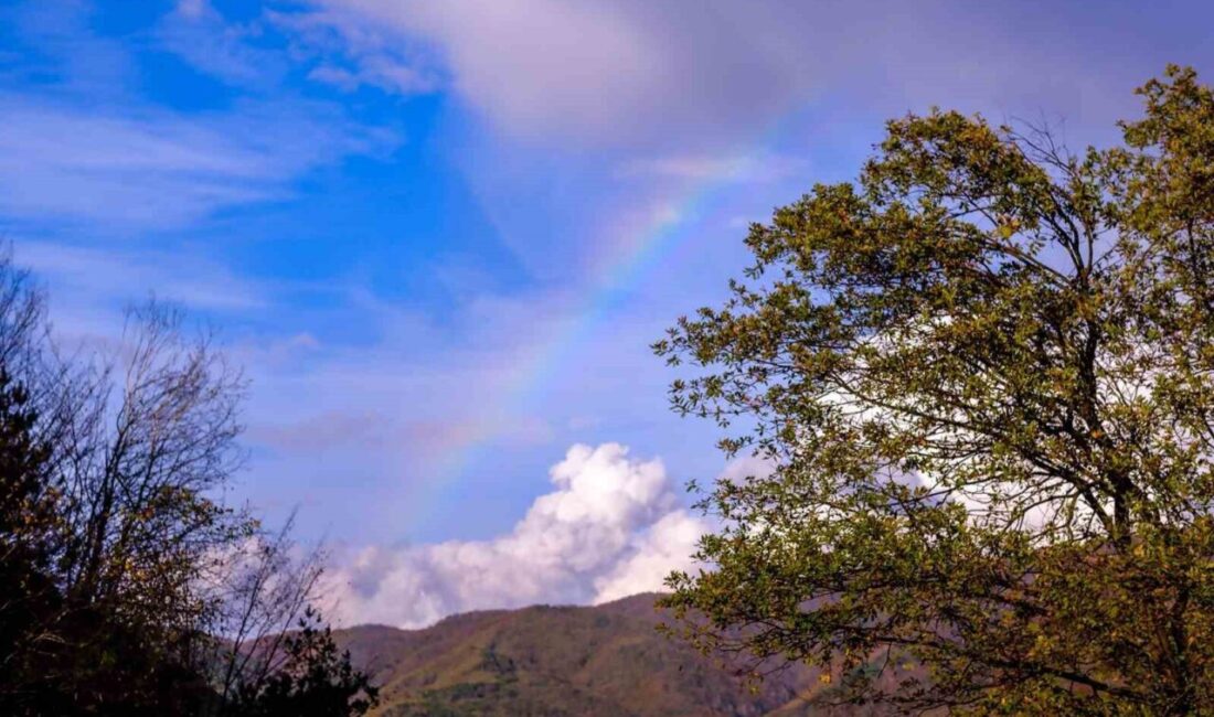 Yağıştan sonra gökyüzünde gökkuşağı oluştu Düzce’de hafta sonu etkili olan sağanak yağışın ardından hafta başında