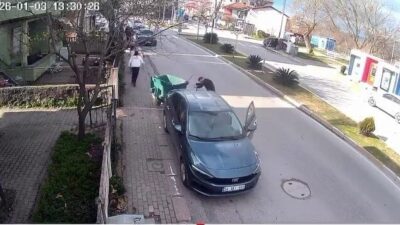 Sakarya’nın Sapanca ilçesinde fırtınanın savurduğu çöp konteyneri, park halindeki otomobile