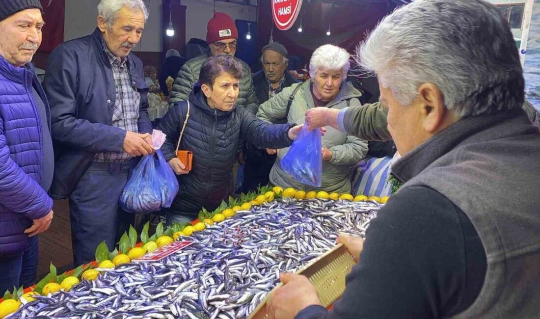Bolu’da halk pazarındaki balık tezgahlarında hamsi bolluğu yaşanırken vatandaşlar tezgahlara