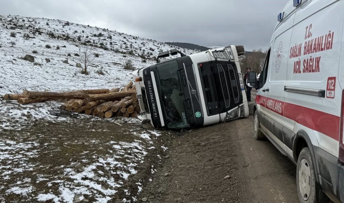 Bolu’nun Dörtdivan ilçesinde kar yağışı nedeniyle kayganlaşan yolda tomruk yüklü
