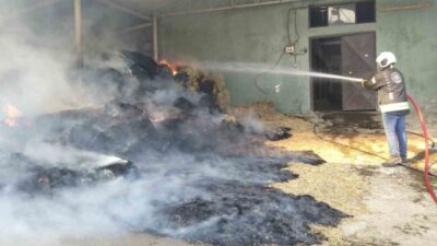 Kocaeli’nin Kartepe ilçesindeki harada çıkan yangında, 70 balya saman zarar