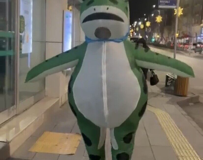 Bilecik’te dün akşam saatlerinde giyilebilir şişme kurbağa kostümüyle caddede dolaşan