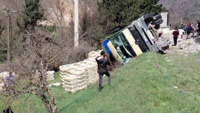 Bolu’nun Mudurnu ilçesinde canlı tavuk yüklü kamyon virajı alamayarak devrildi.