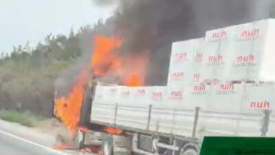 TEM Otoyolu Kocaeli geçişinde seyir halindeki bir tırda çıkan yangın