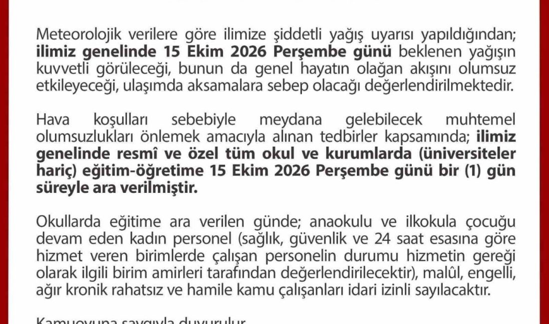 Düzce’de kuvvetli yağış nedeniyle okullar bir gün tatil edildi Düzce genelinde beklenen kuvvetli sağanak yağış nedeniyle resmi ve özel