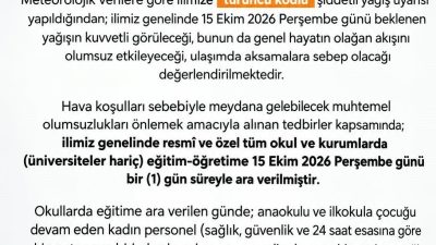 Meteoroloji Genel Müdürlüğünün Sakarya için yayımladığı turuncu kodlu şiddetli yağış